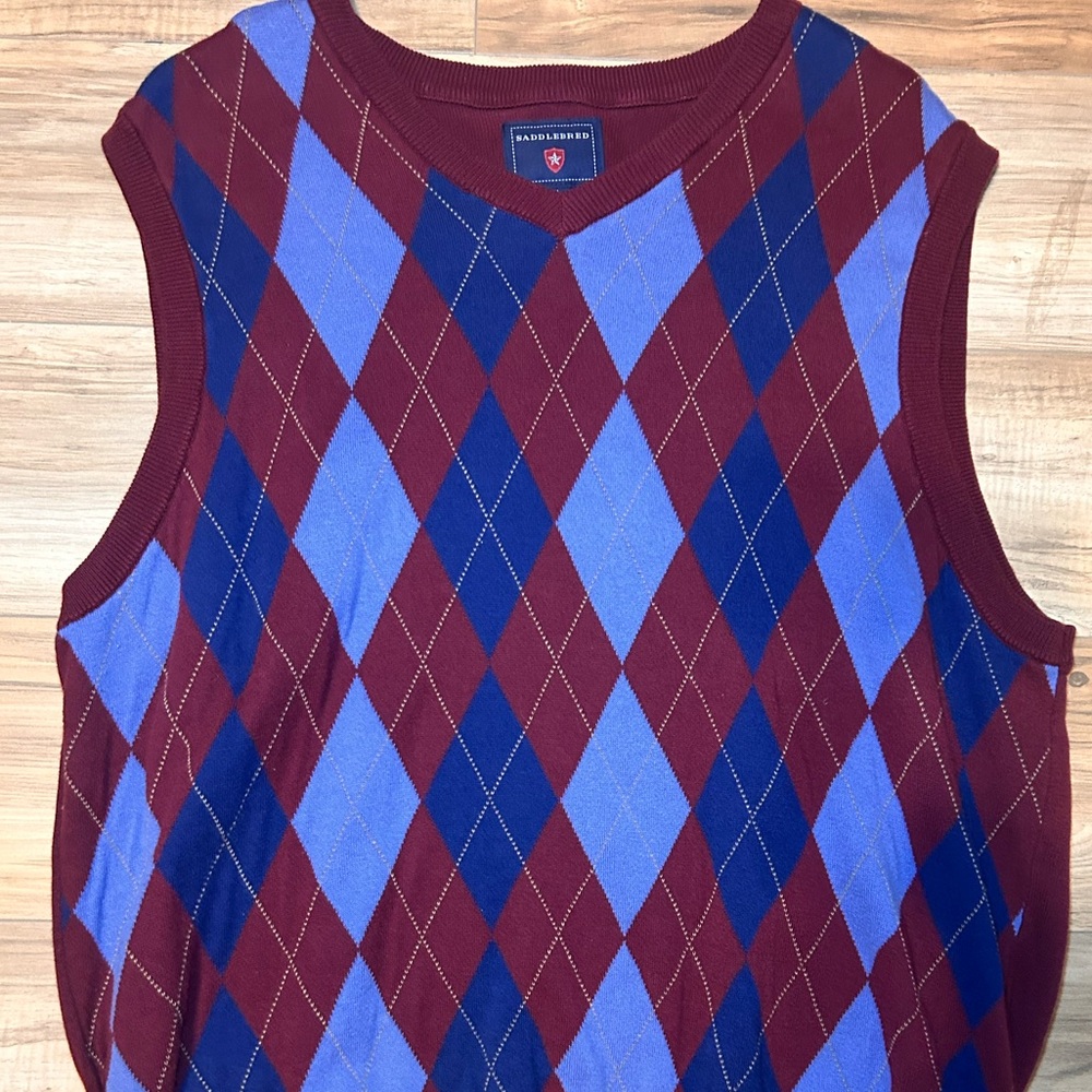 Saddlebred V-Neck Sweater Vest - Burgundy and Blue Argyle